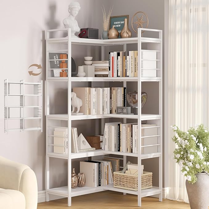 5 Tier Corner Bookshelf, Reversible Corner Shelf, Industrial Wooden Display by vividwood