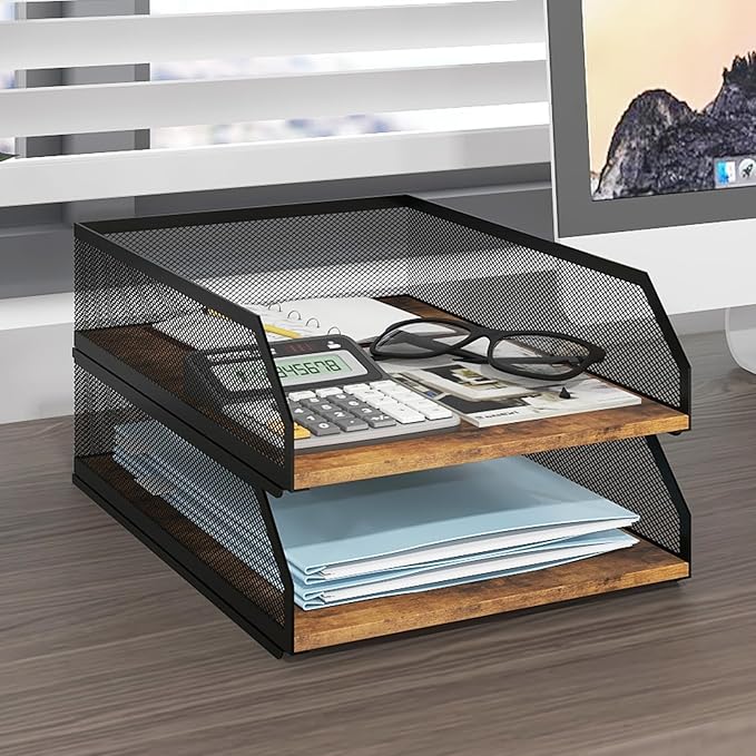 Natwind 2-Tier Stackable Paper Tray, Metal Mesh Desktop Organizer, Wood Board by Natwind
