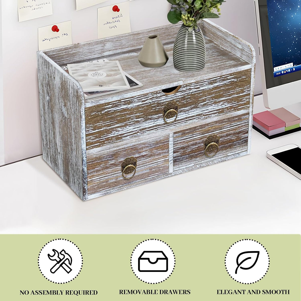 Wood Desk Organizer with Drawer, Washed Brown Wooden Desktop Organizer, Table...