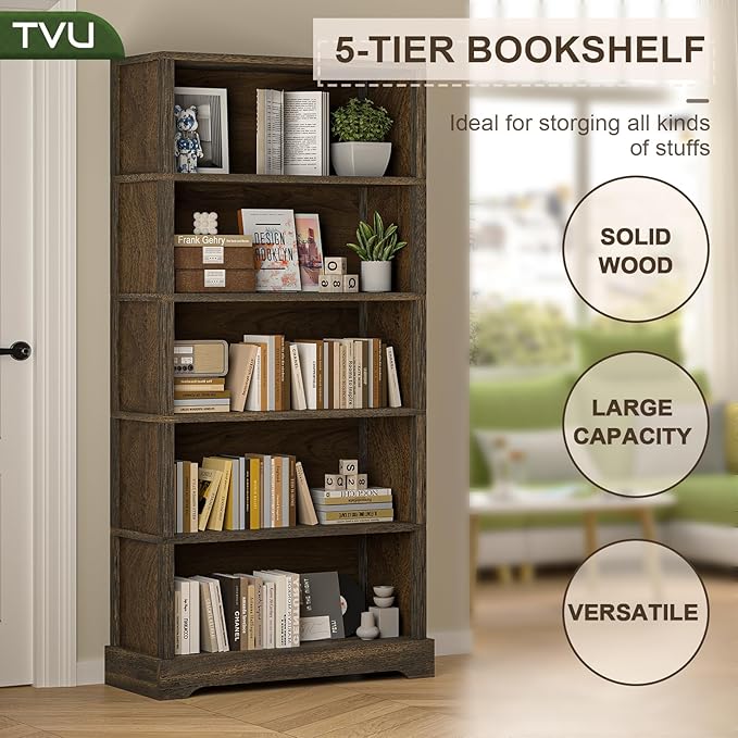 TVU 5-Tier Solid Wood Book Shelf, Floor Standing Bookcase, Farmhouse Style Book - Image 4