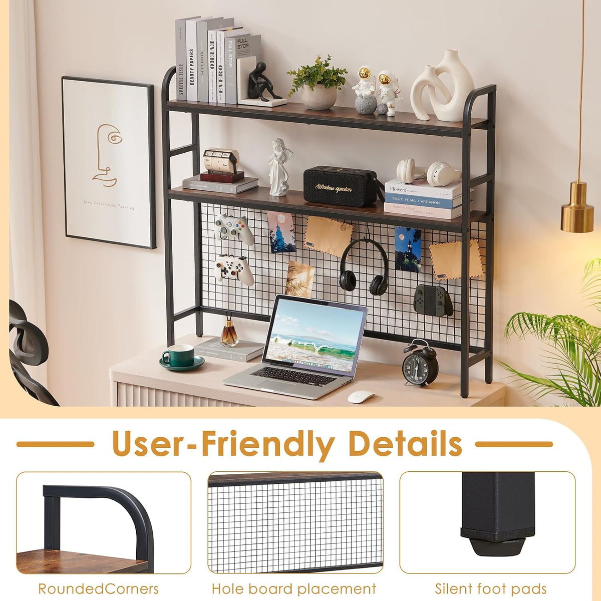 Desk Shelf, 45.3” Desktop Organizer Shelf with Grid Panel and Hooks, Desk Hut...