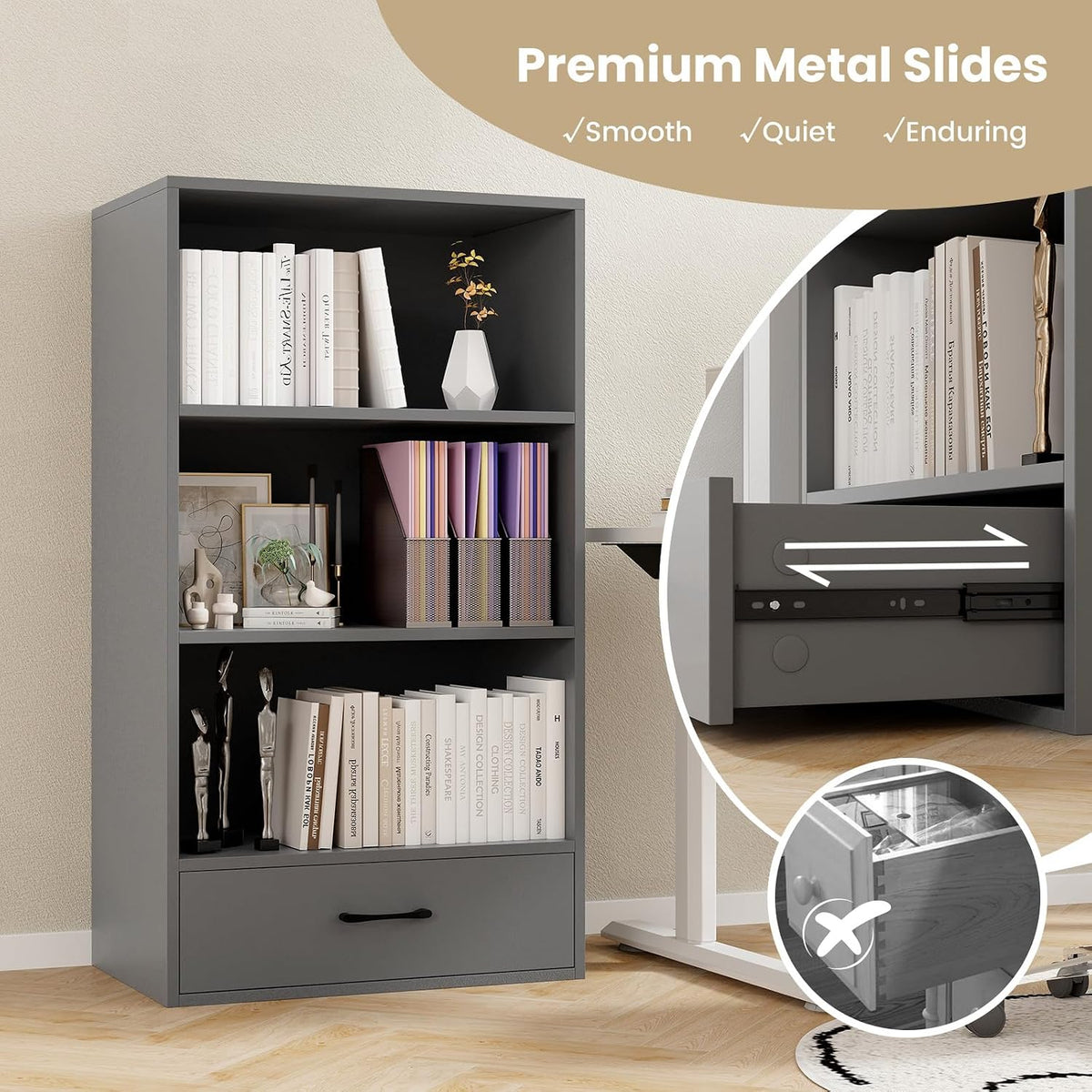 Tangkula 3 Tier Bookcase with Drawer, 42.5”Tall Freestanding Bookshelf with 3...