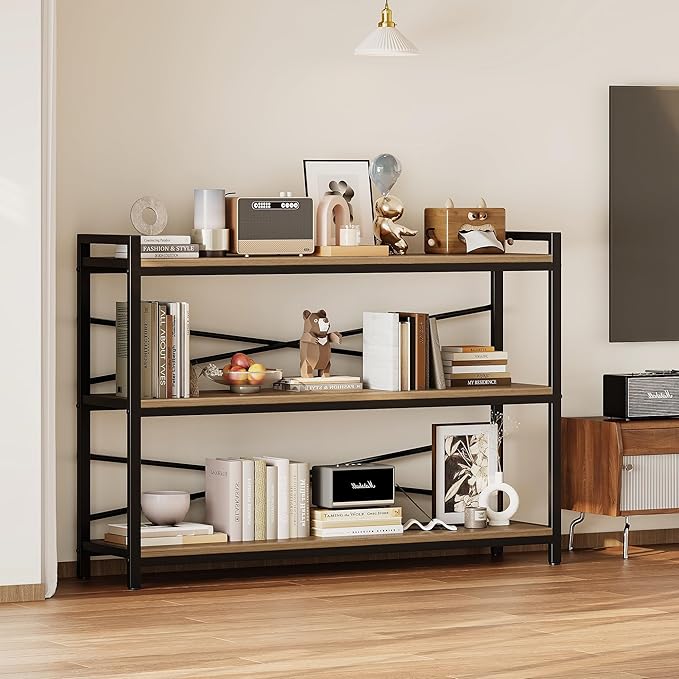 3 Tier Bookcase 47.24" Width, Long Industrial Book Shelf, Vintage Wooden Large - Image 2