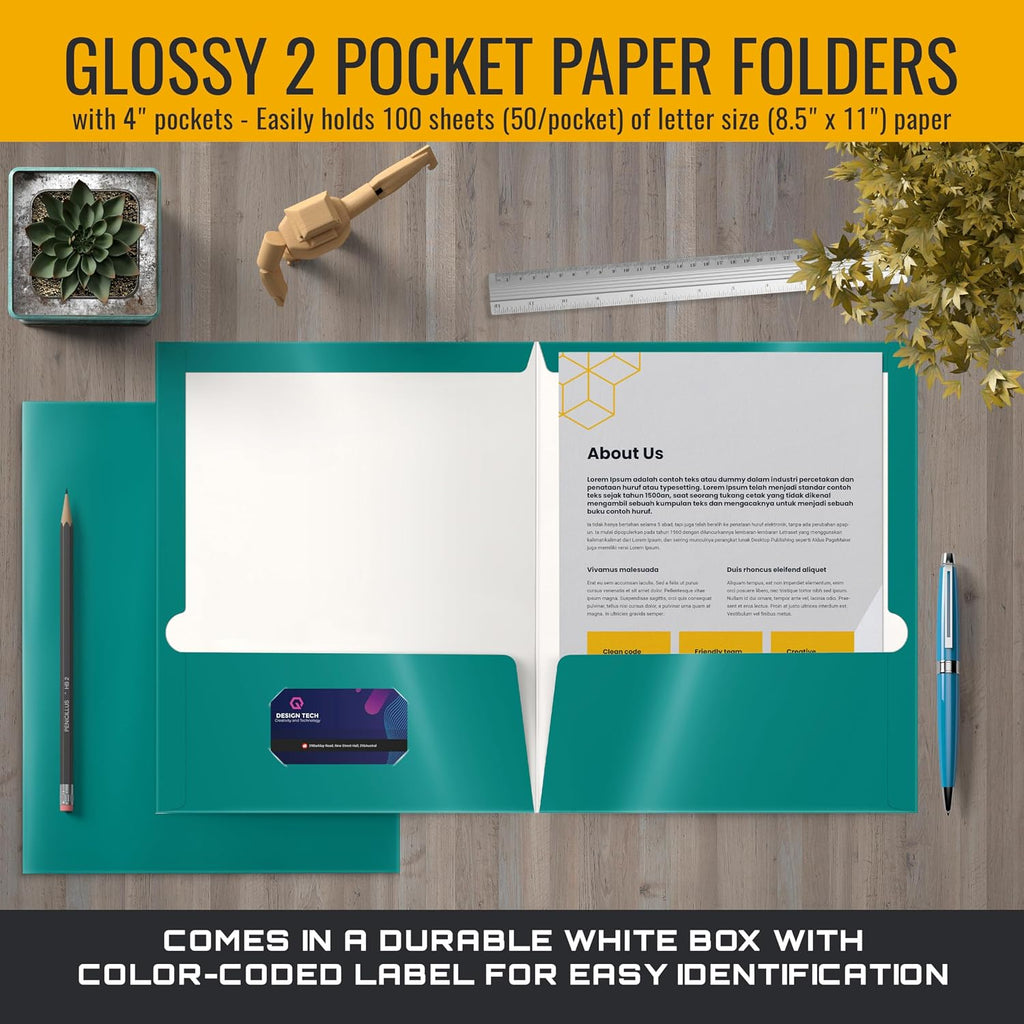 2 Pocket Glossy Laminated Paper FOLDERS Portfolio Letter Size, Teal, 25PK