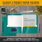 2 Pocket Glossy Laminated Paper FOLDERS Portfolio Letter Size, Teal, 25PK