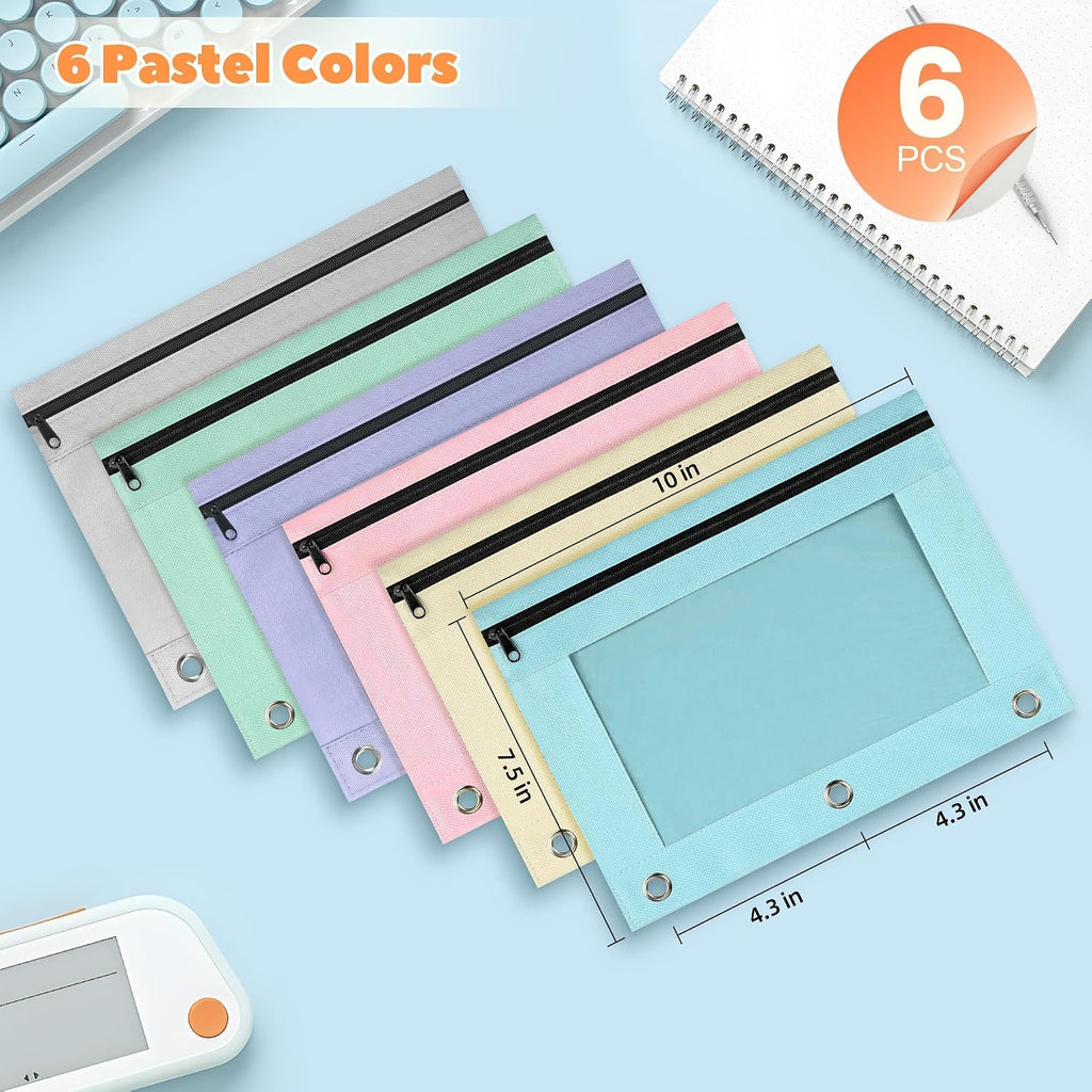 Lanpn Pencil Pouch for 3 Ring Binder 6 Pack, Pastel Binder Pen Bags with Zipper, Aesthetic 3 Holes Pencil Pouches Organizer for Boy Girl Kids School Student, Reinforced Grommets & Clear Window