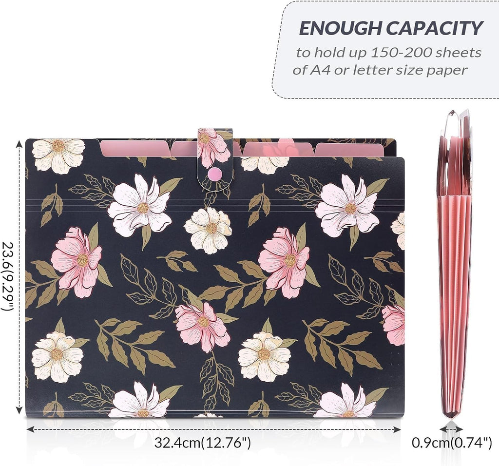SKYDUE Accordion File Organizer, Floral Expanding File Folders with 5 Pockets, Cute Document Organizer for Paper Bills Receipt Storage, School Office & Hospital Supplies Letter/A4 Size Navy Blue