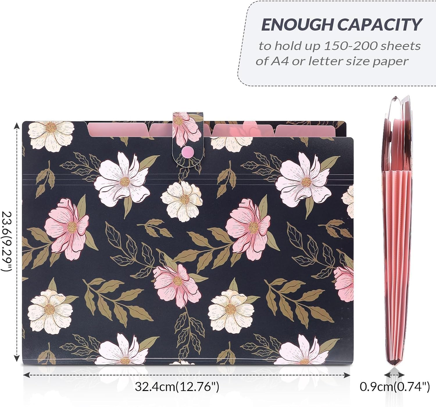 SKYDUE Accordion File Organizer, Floral Expanding File Folders with 5 Pockets, Cute Document Organizer for Paper Bills Receipt Storage, School Office & Hospital Supplies Letter/A4 Size Navy Blue