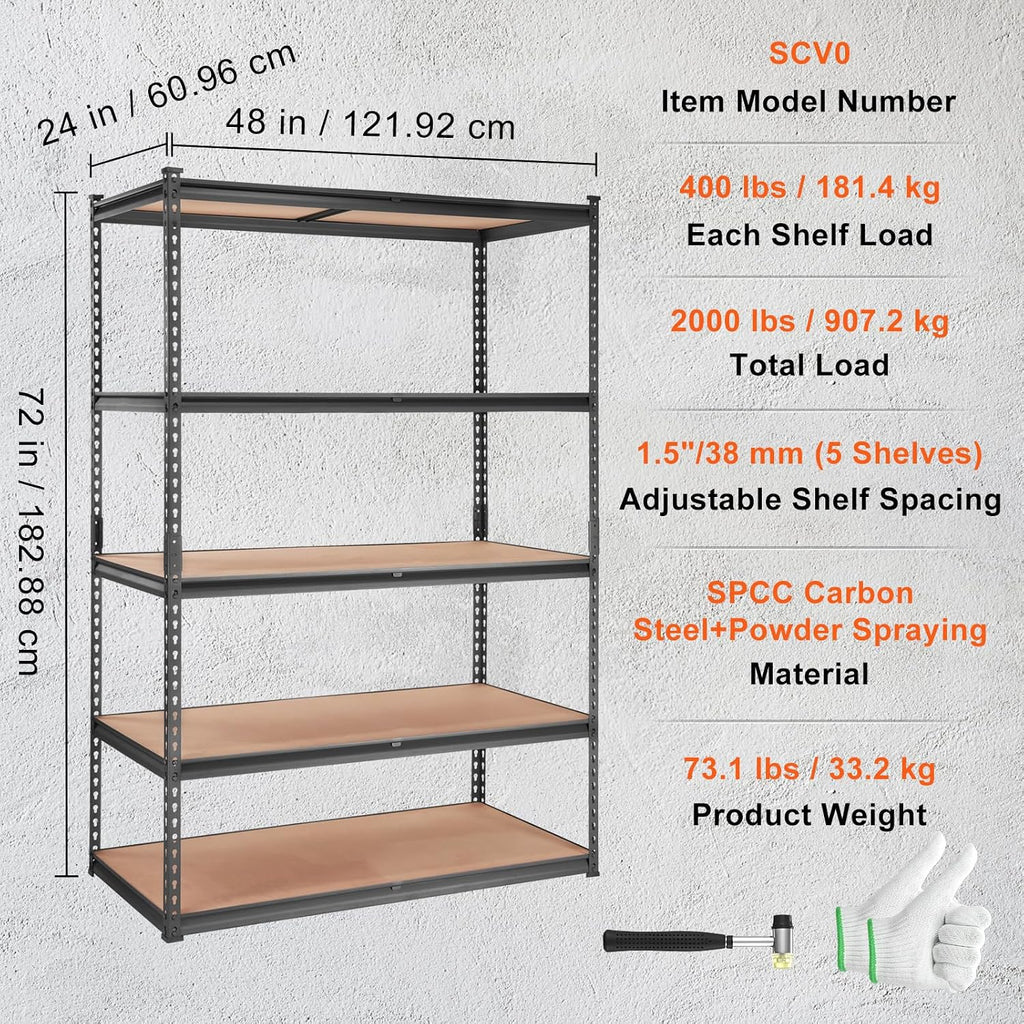 vevor storage shelves 5-tier adjustable 2000 lbs 48"x24"x72", front angle view