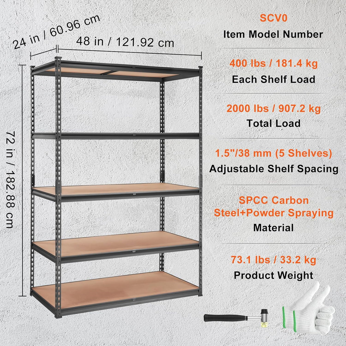 vevor storage shelves 5-tier adjustable 2000 lbs 48"x24"x72", front angle view
