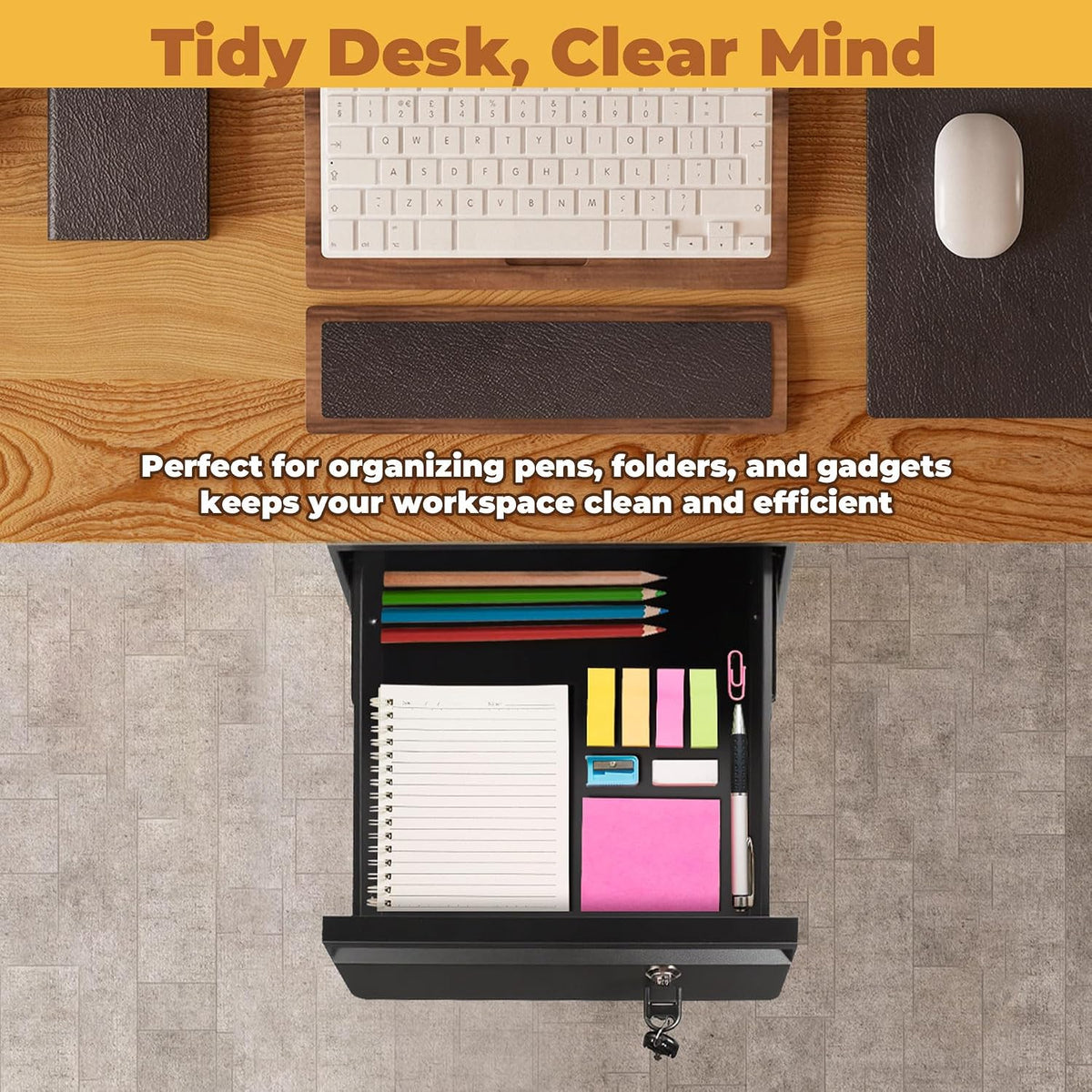 POPMOON 14 in Deep Under Desk Drawer Lockable, Pull Out Storage Organizer