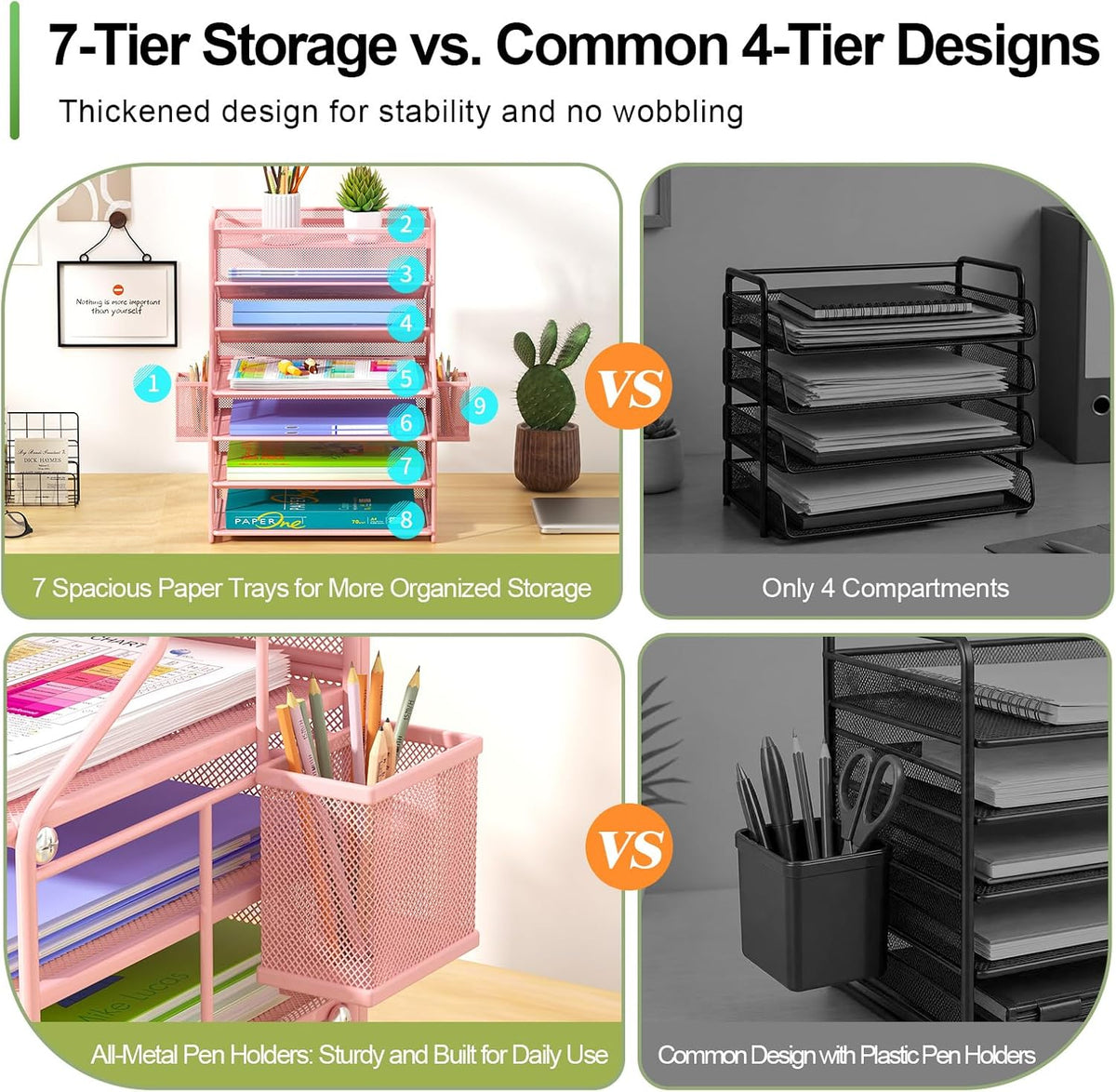 Pink 7 Tier Desk File Organizer, Metal Letter Tray Paper Organizer with Pull-...