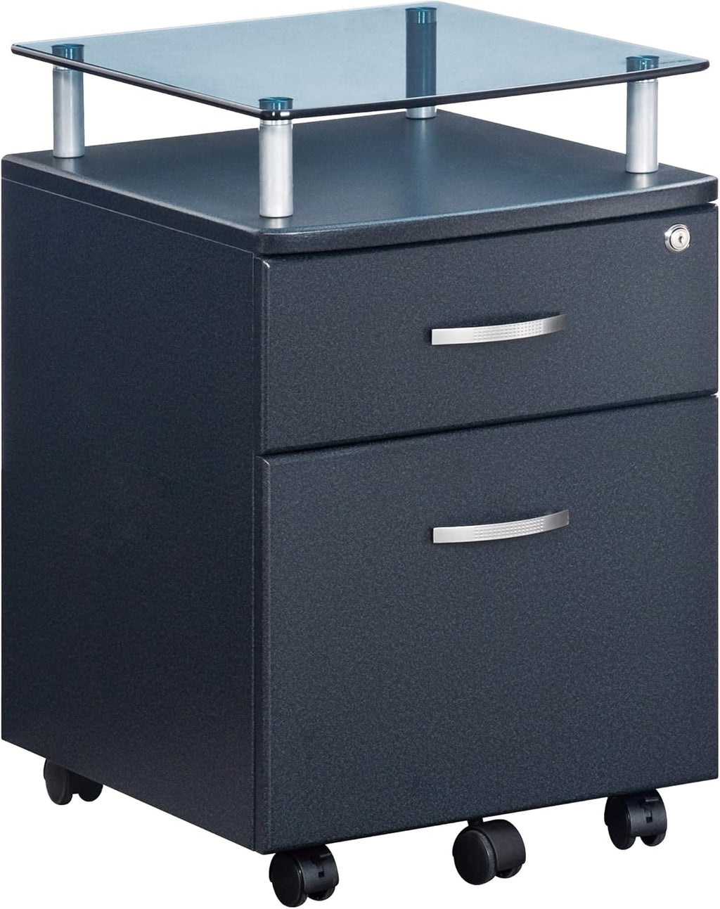 2‑Drawer Rolling File Cabinet with Lock, Glass Top,Fits Under‑Desk,Graphite | Rolling 2‑drawer file cabinet with lock, glass top, storage shelf, smooth wheels, under‑desk design work as a printer stand