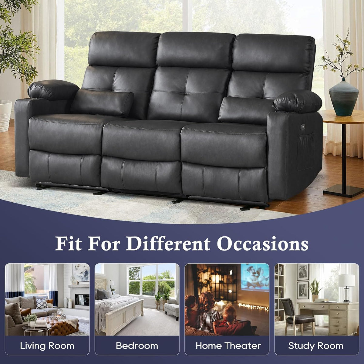 Power Reclining Sofa with Heat and Massage, Electtric Reclining Couch with Ex...