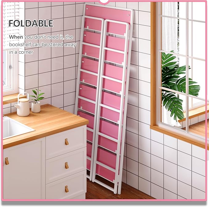 4NM No Assembly 6 Tiers Folding Bookshelf Storage Shelves Vintage Bookcase - Image 4