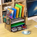 4-Tier Mesh Desk Organizer, Wooden Desk File Organizer - Image 3