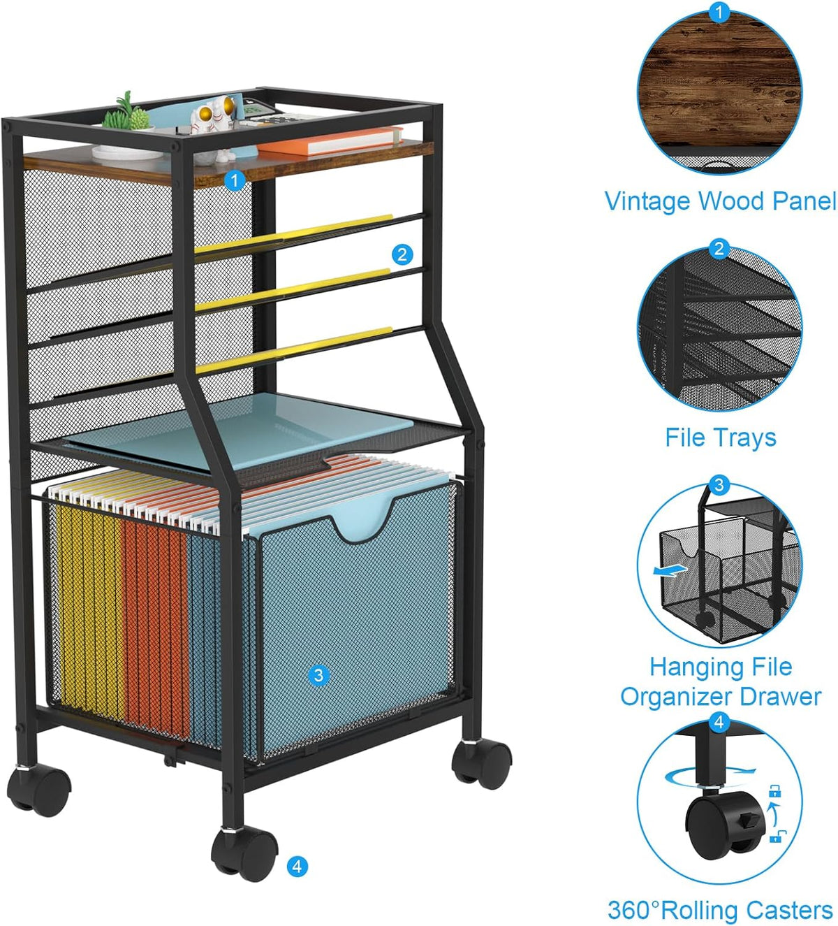 BOHDK Rolling File Cart, 6-Tier Desk File Organizer on Lockable Wheels, Brown...