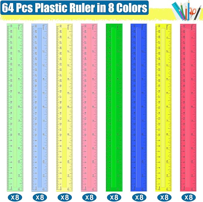 Ruler, 64 Packs 12 Inch Clear Plastic Assorted Color Metric Bulk Rulers - Image 2