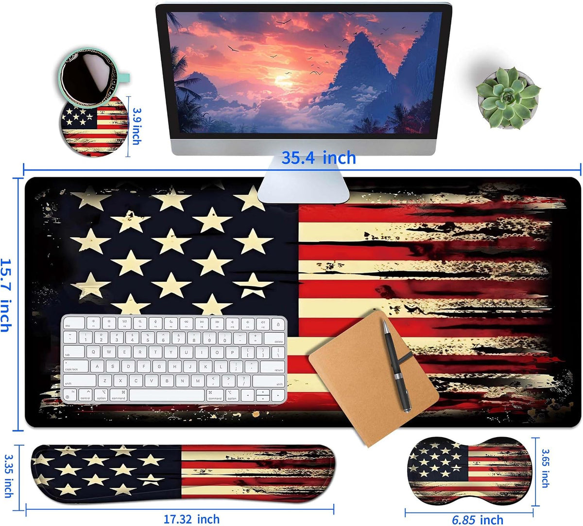 4-Piece Extended Large Mouse Pad Set for Women Men with Retro Flag Design Inc...