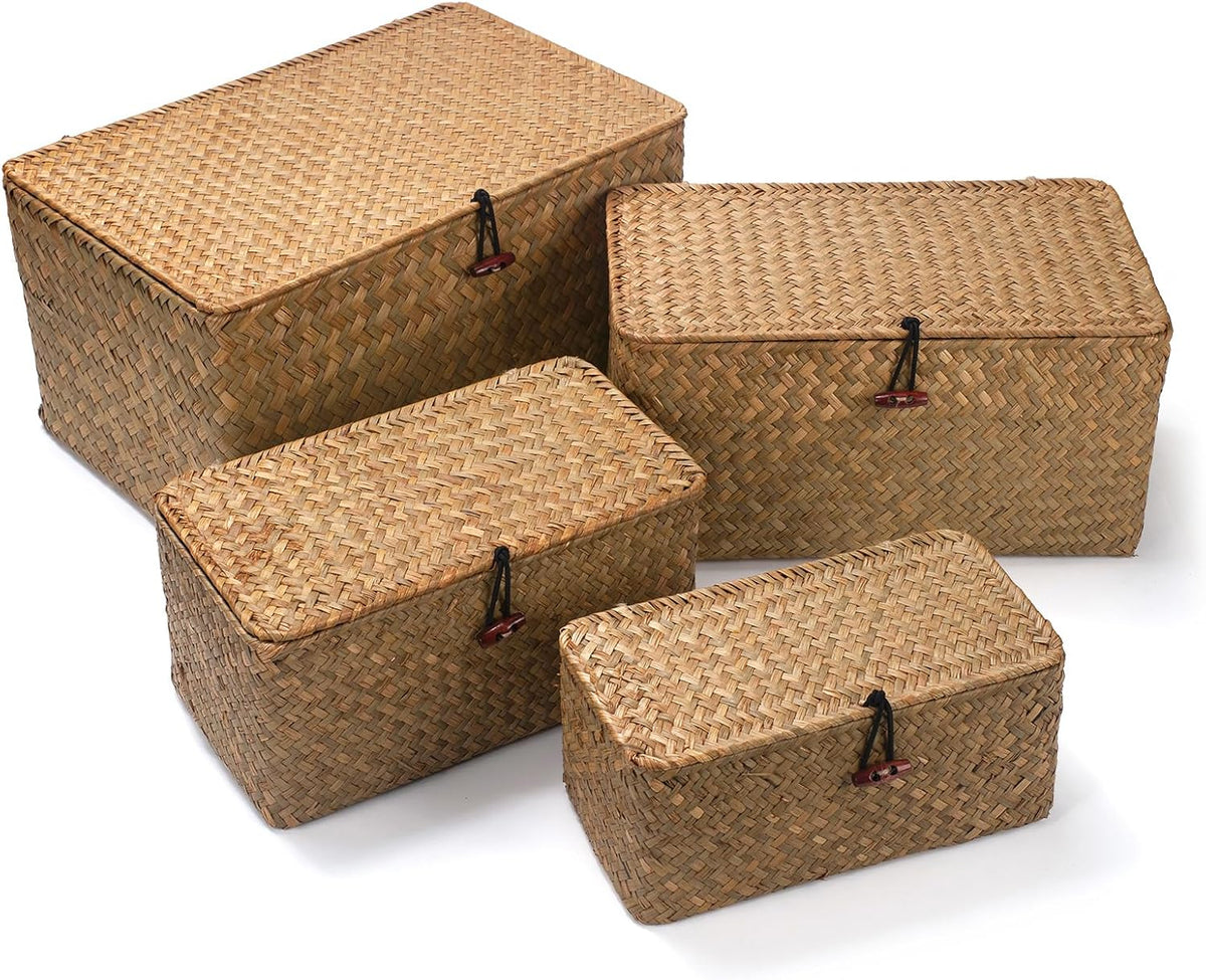 Wicker Basket with Lid, Seagrass Storage Basket, Woven Baskets for Storage, D...