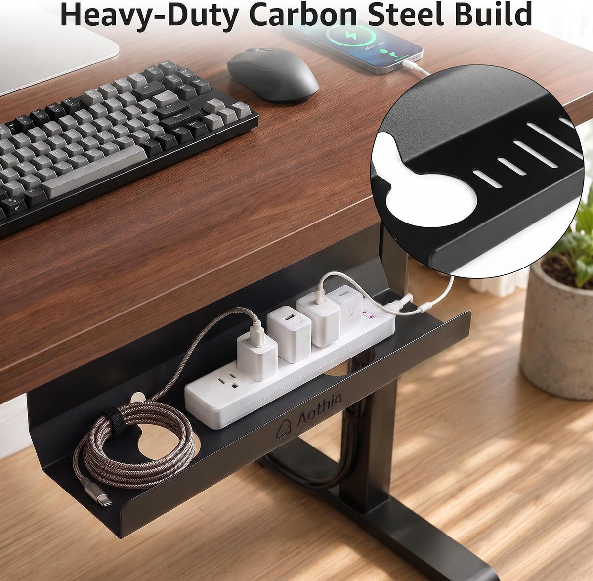 Aothia Under Desk Cable Management Tray, 2 Pack (16.5 in, Metal, Black)