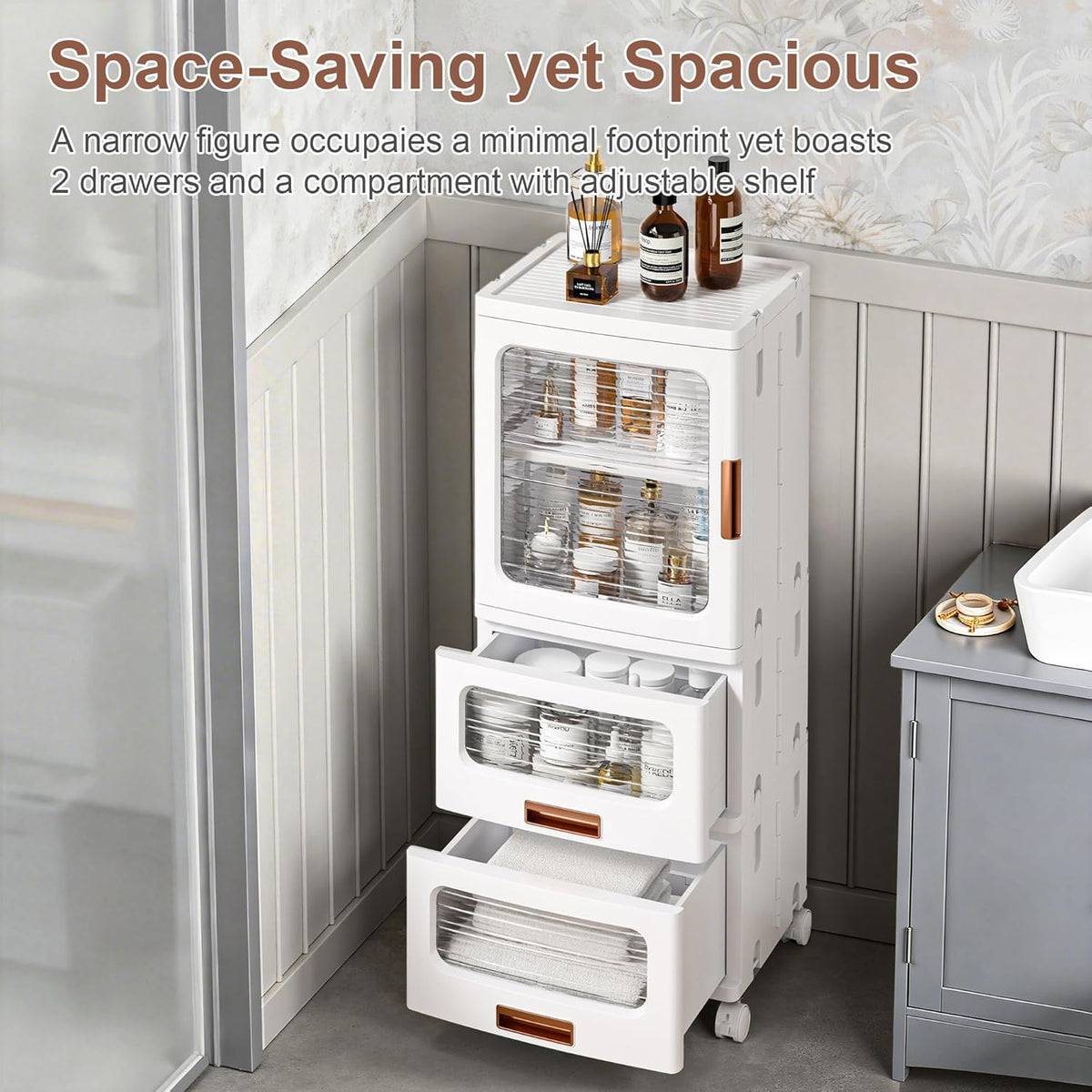 VECELO Narrow Bathroom Storage Cabinet with 2 Drawer, Foldable Storage Organi...