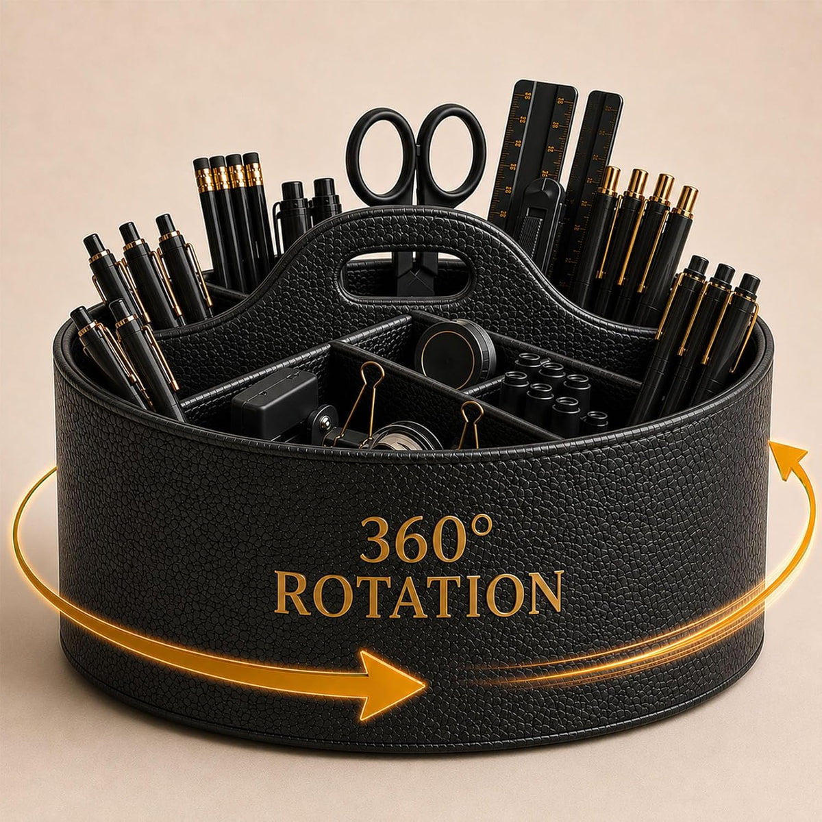 Aesthetic PU Leather Rotating Desk Storage Organizer, Black