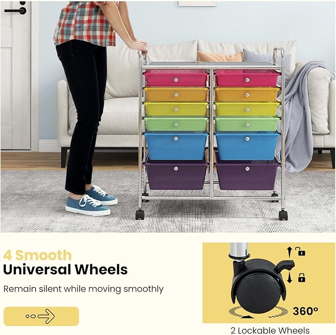 LDAILY 12 Drawer Rolling Storage Cart, Craft Cart Organizer on Wheels w/Metal - Image 4