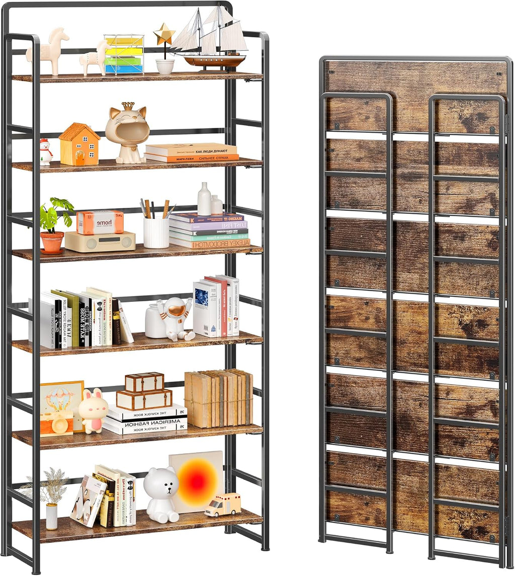 4NM No Assembly Extra Wide 6 Tiers Folding Bookshelf Storage Shelves Vintage