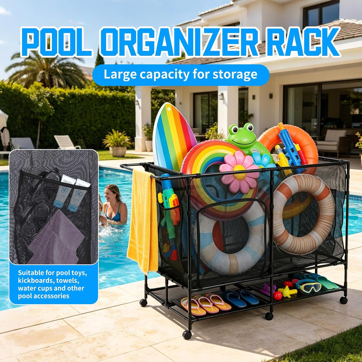pool float organizer,Bottom Table, Zipper Doors & Rolling Wheels, Portabl...