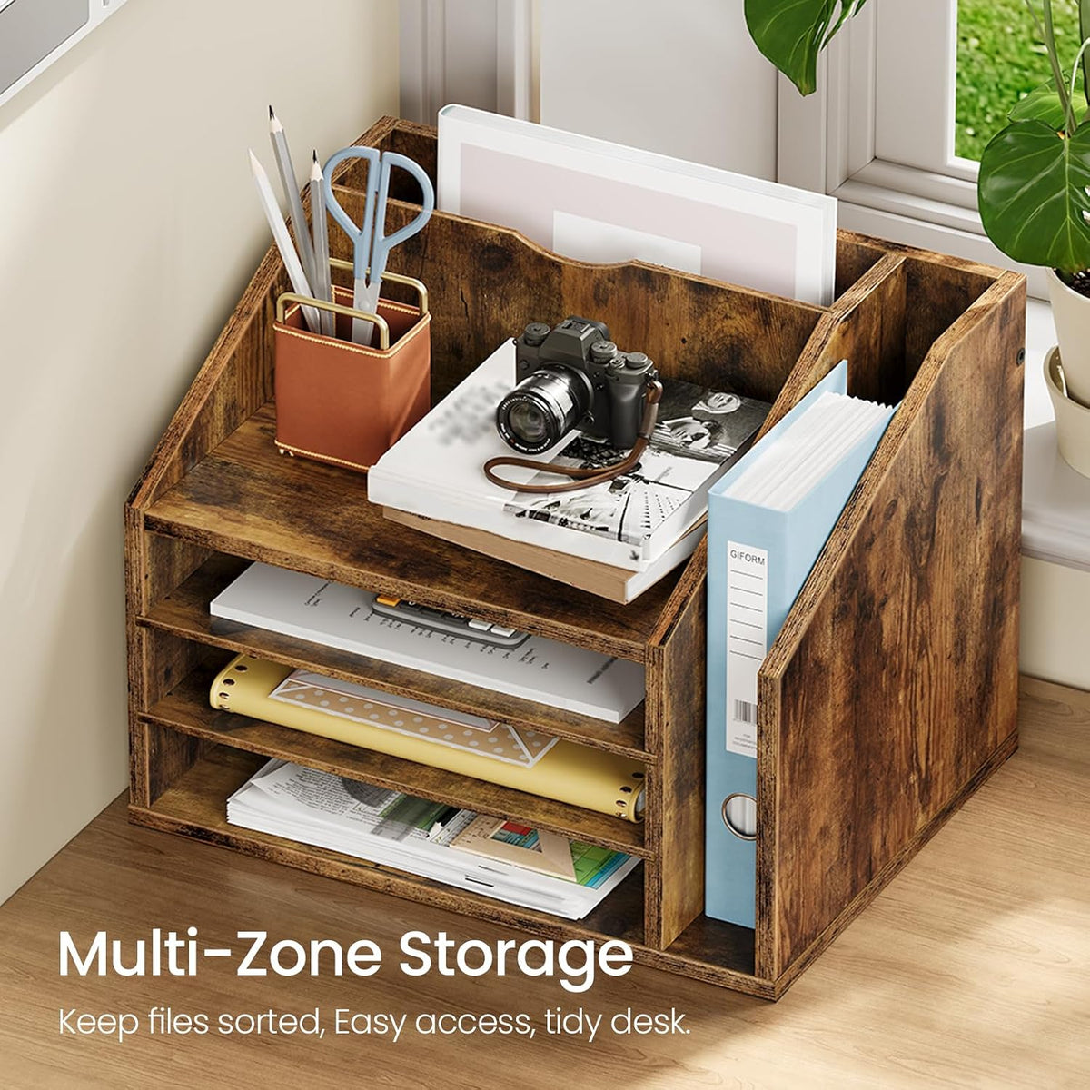 choezon wooden desk organizer with adjustable partitions, rustic, side view