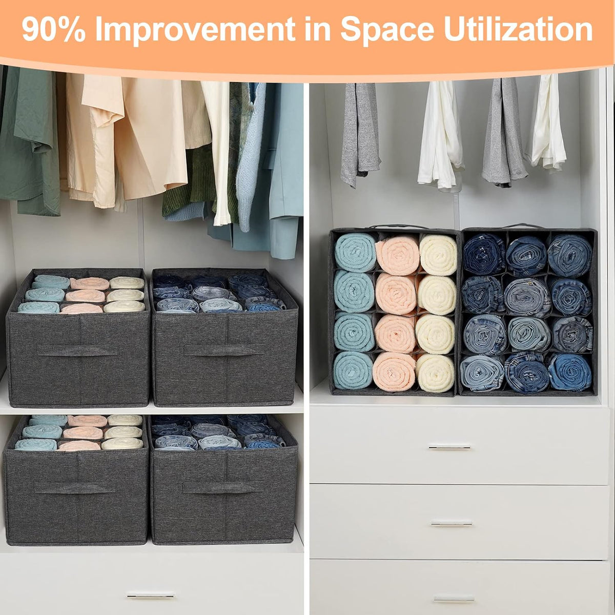 4 Pack 12-Grid Closet Organizers and Storage Bins with Dividers for Clothes