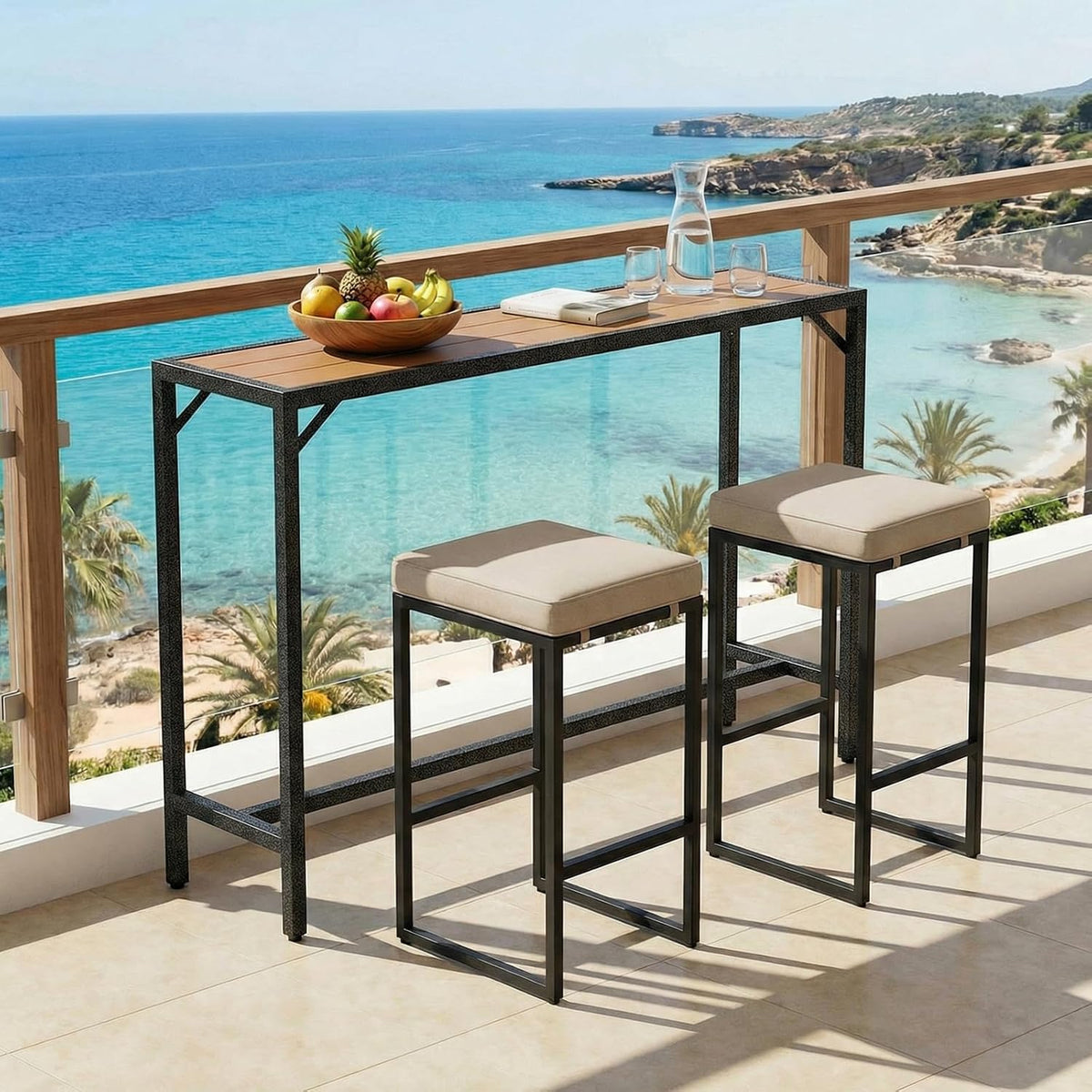 TLSUNNY 47" Patio Bar Table, Sturdy Outdoor Counter Height Table, Teak