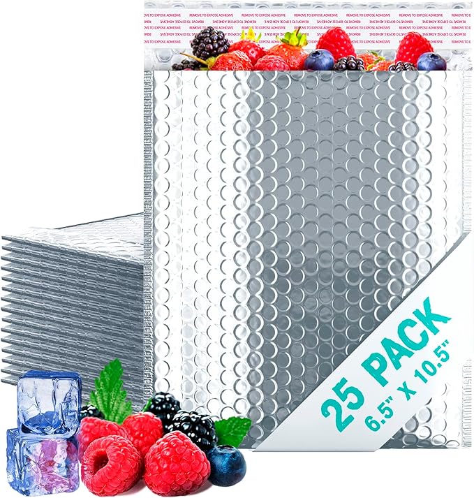 Amiff Silver Thermal Bubble Mailer, 6.5 x 10.5 Inches. 25 Pack Metallic Bubble by AMIFF
