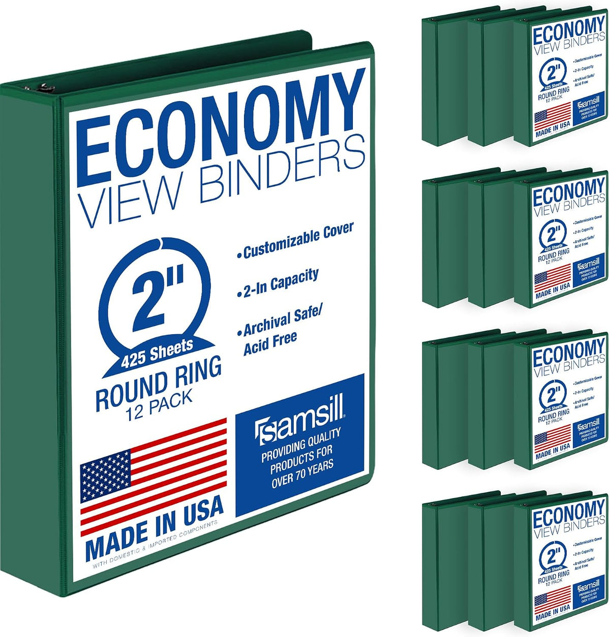 Samsill 2 Inch 3 Ring Binders, Economy Round Ring, Clear View Cover, 425 Sheet Capacity - for School, Home, Office - Green, 12 Pack