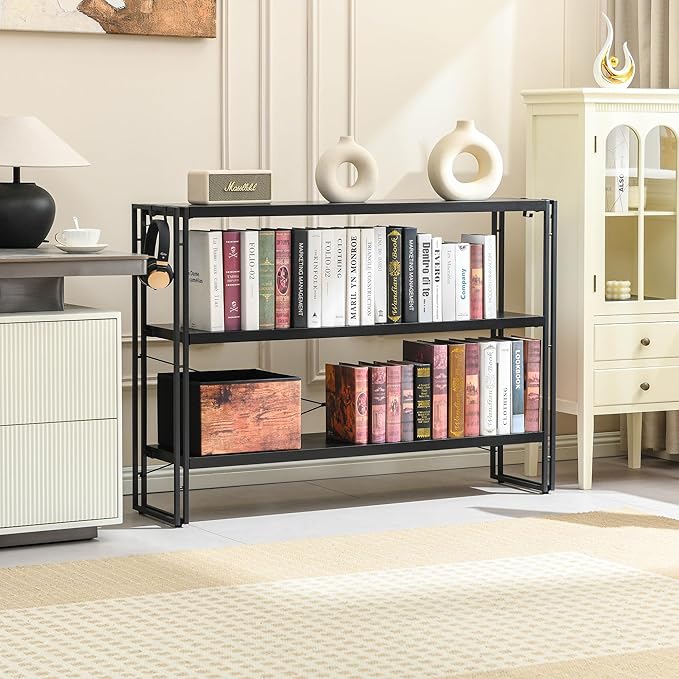 HCHQHS Bookshelf, 3-Tier Industrial Bookcase, Freestanding Horizontal - Image 2