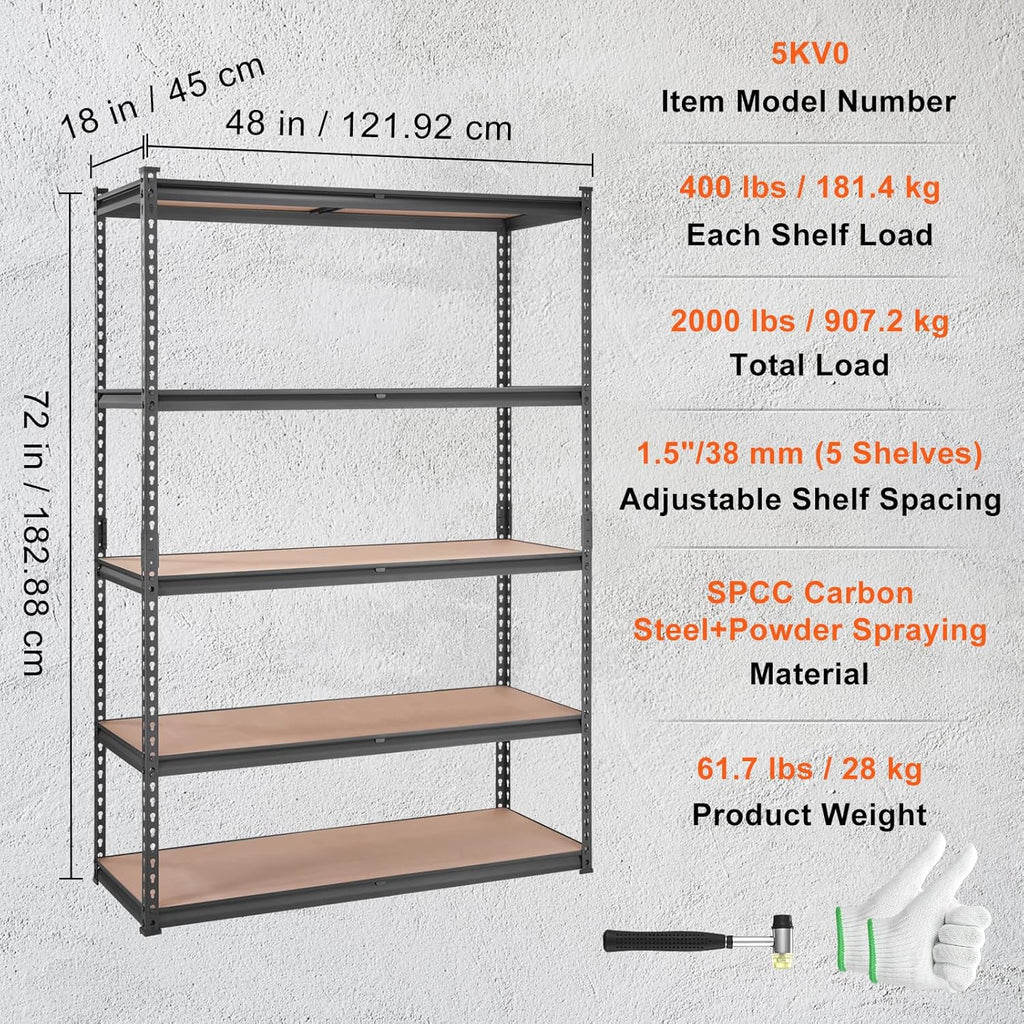 vevor storage shelves 5-tier adjustable 2000 lbs 48"x18"x72", front angle view