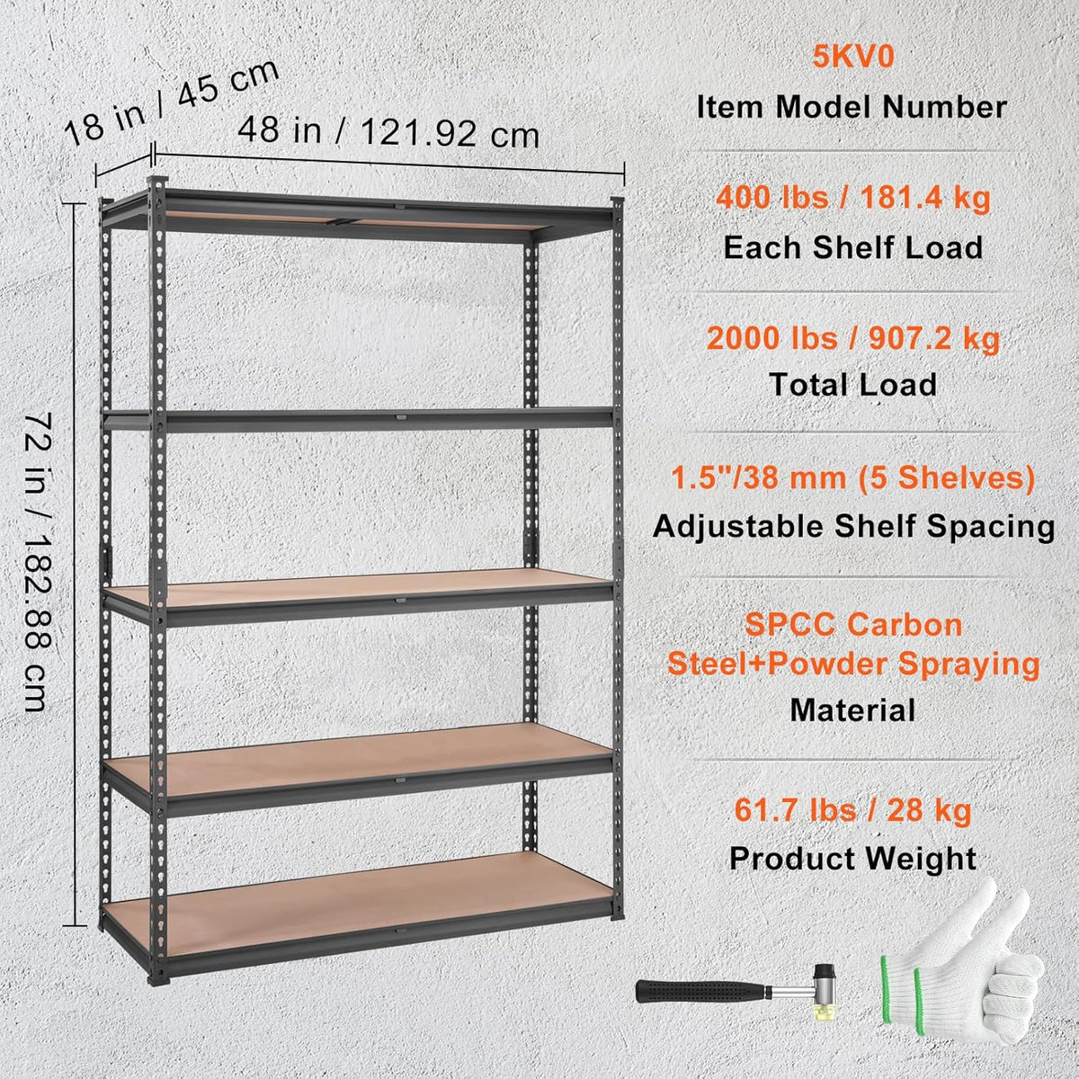 vevor storage shelves 5-tier adjustable 2000 lbs 48"x18"x72", front angle view