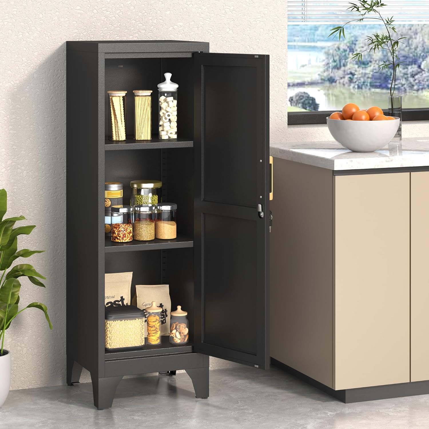 46" H Metal Locker Cabinet, Small Locker with Door and 2 Adjustable Shelf | Locker Cabinet with Adjustable Leveling Feet for Home, Bedroom, Office,Gym Assembly Required