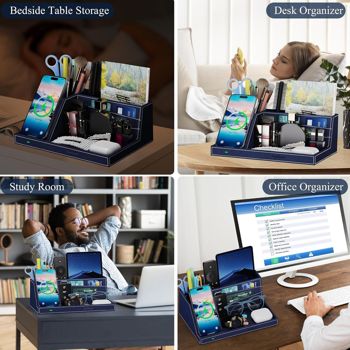 Desk Caddy with Fast Wireless Charger,Pen Holder Charging Station Organizer