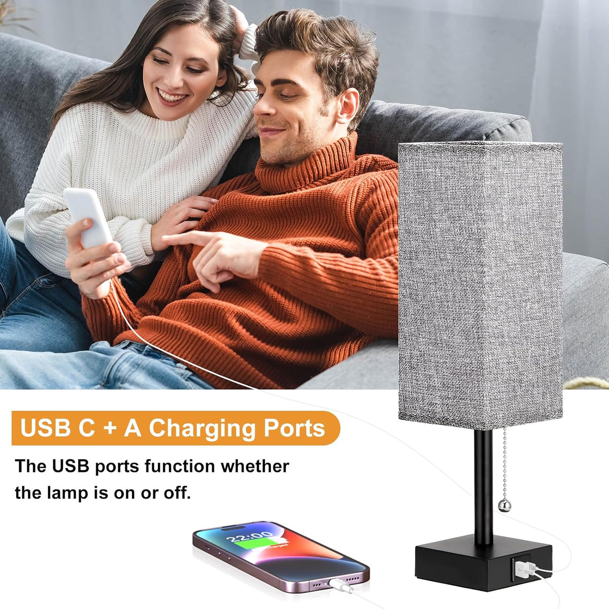 Set of 2 Grey Bedside Table Lamps for Bedroom - Nightstand Lamp, USB C+A