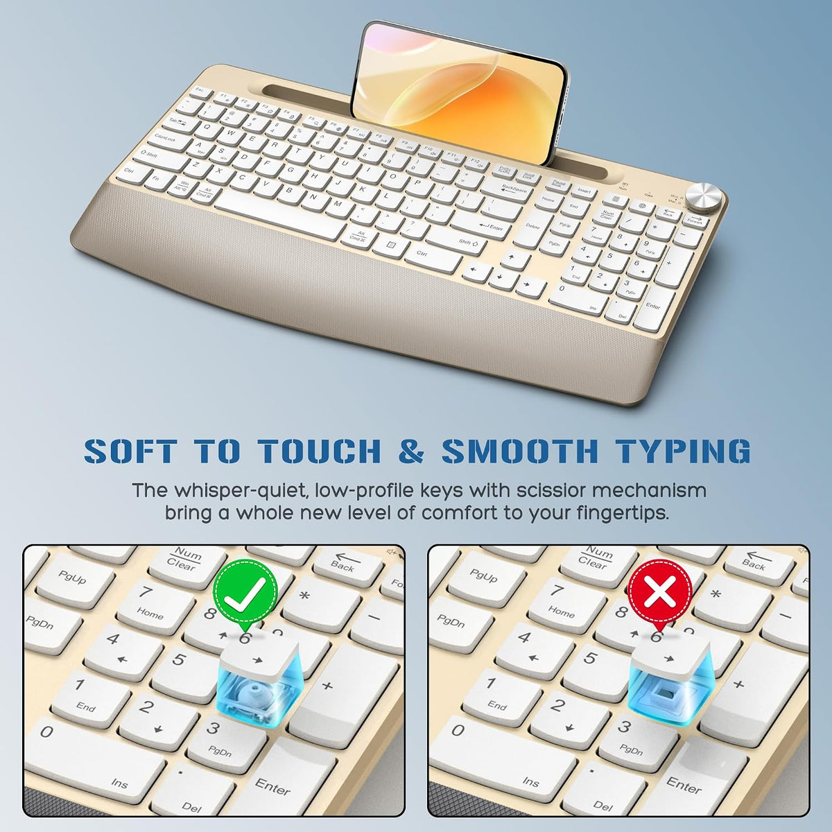 GAMCATZ Ergonomic Wireless Keyboard with Wrist Rest-Low-Profile,Phone/Tablet ...