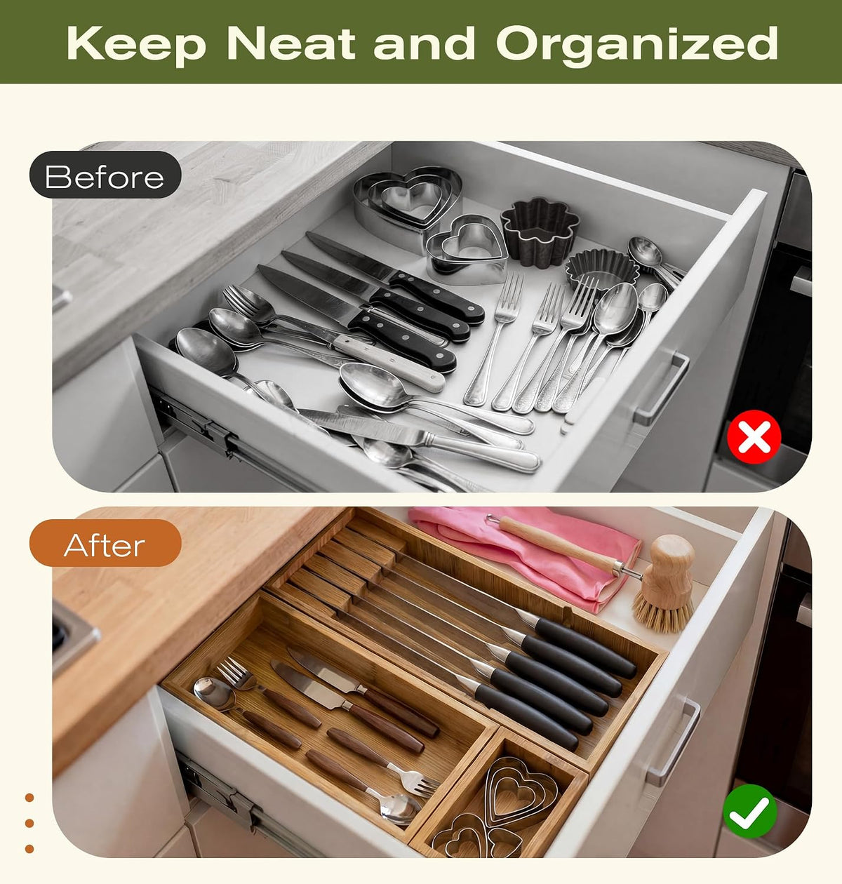 KOCWELL Bamboo Drawer Organizer with Knife Block, 3 Removable Silverware Draw...