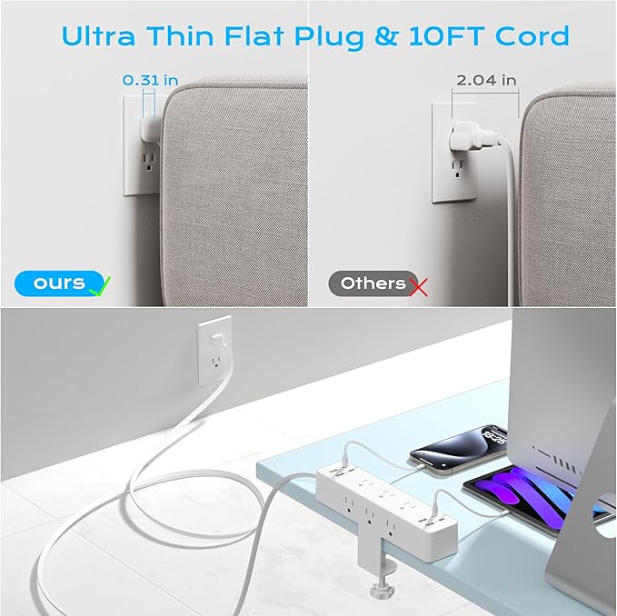 Flat Plug Desk Clamp Power Strip 10FT, 40W Total Fast Charging Station - Image 4