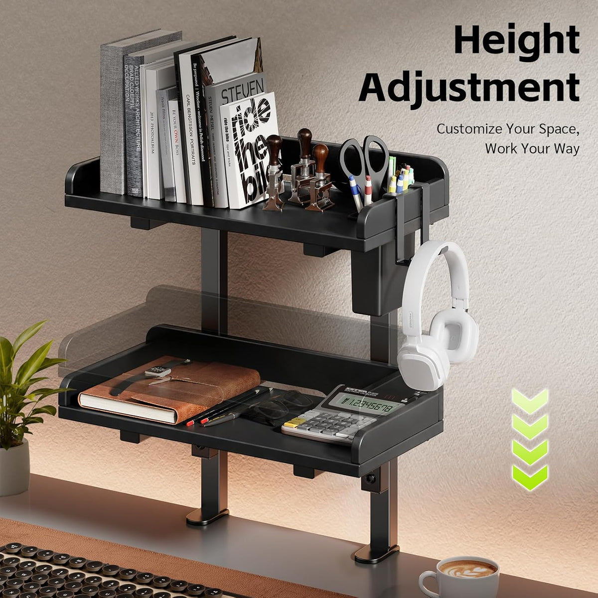 2-Tier Clamp on Wood Desktop Shelf, Adjustable Height Office Desk Organizer