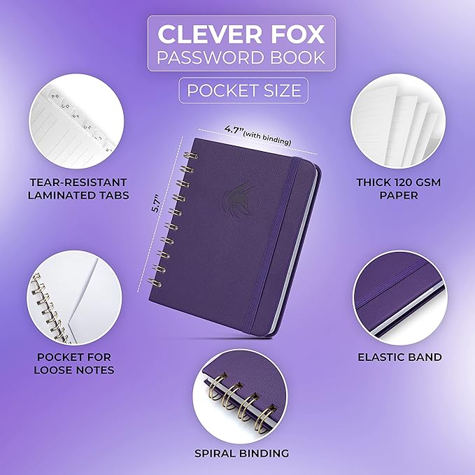 Clever Fox Password Book Spiral – Mini Internet Address & Password Organizer - Image 2