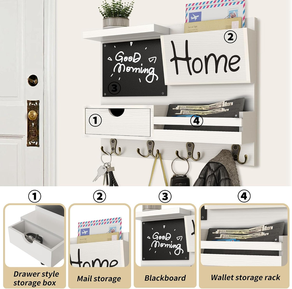 Farmhouse Key Holder for Wall with Mail Organizer - Easy Installation Wall Mo...