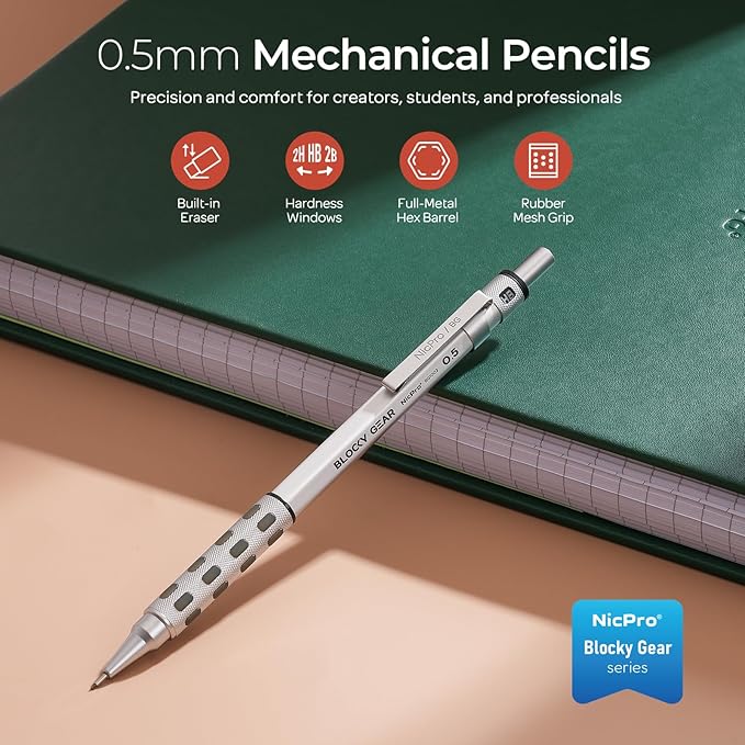 Nicpro Blocky Gear 0.5 mm Mechanical Pencil Set in Case, Metal Pencil - Image 2