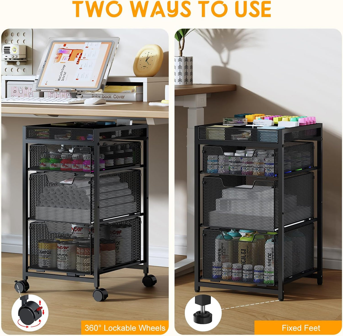 Rolling Utility Cart with 3 Drawers, Craft Organizer and Storage with DIY Div...