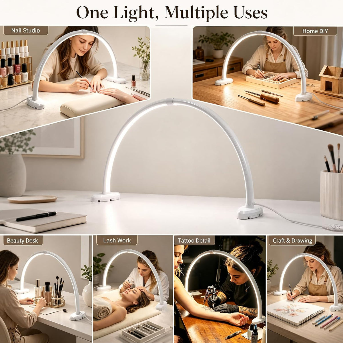 Half Moon Nail Light, 180° No Shadow LED Nail Desk Lamp with Foldable Height ...